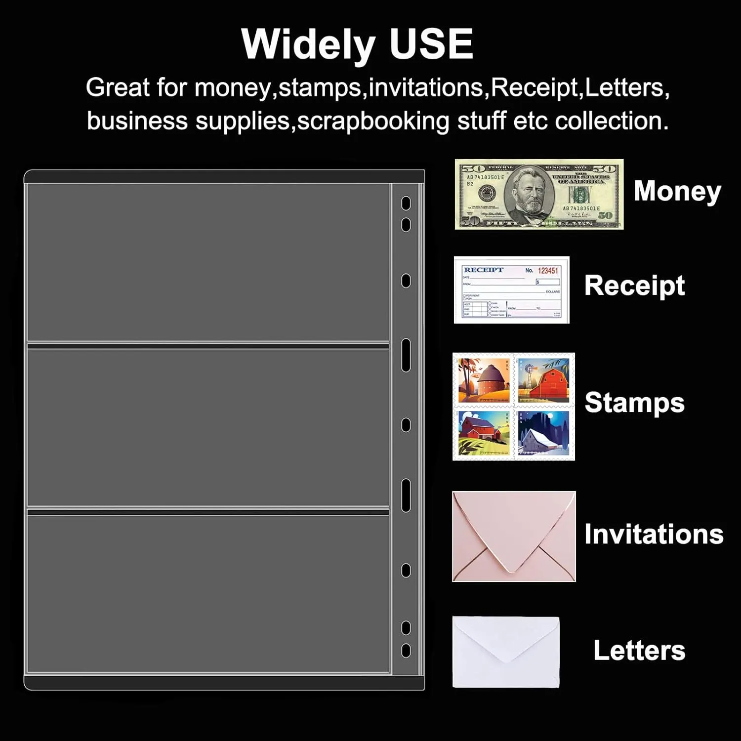 10 Sheets Currency Sleeves for Collectors,30 Pocket Protector Paper Money Stamp Page Holders for Paper Money Collection,Coupon Organizer Collecting Album Pages for Bill Banknote(3 Pockets)