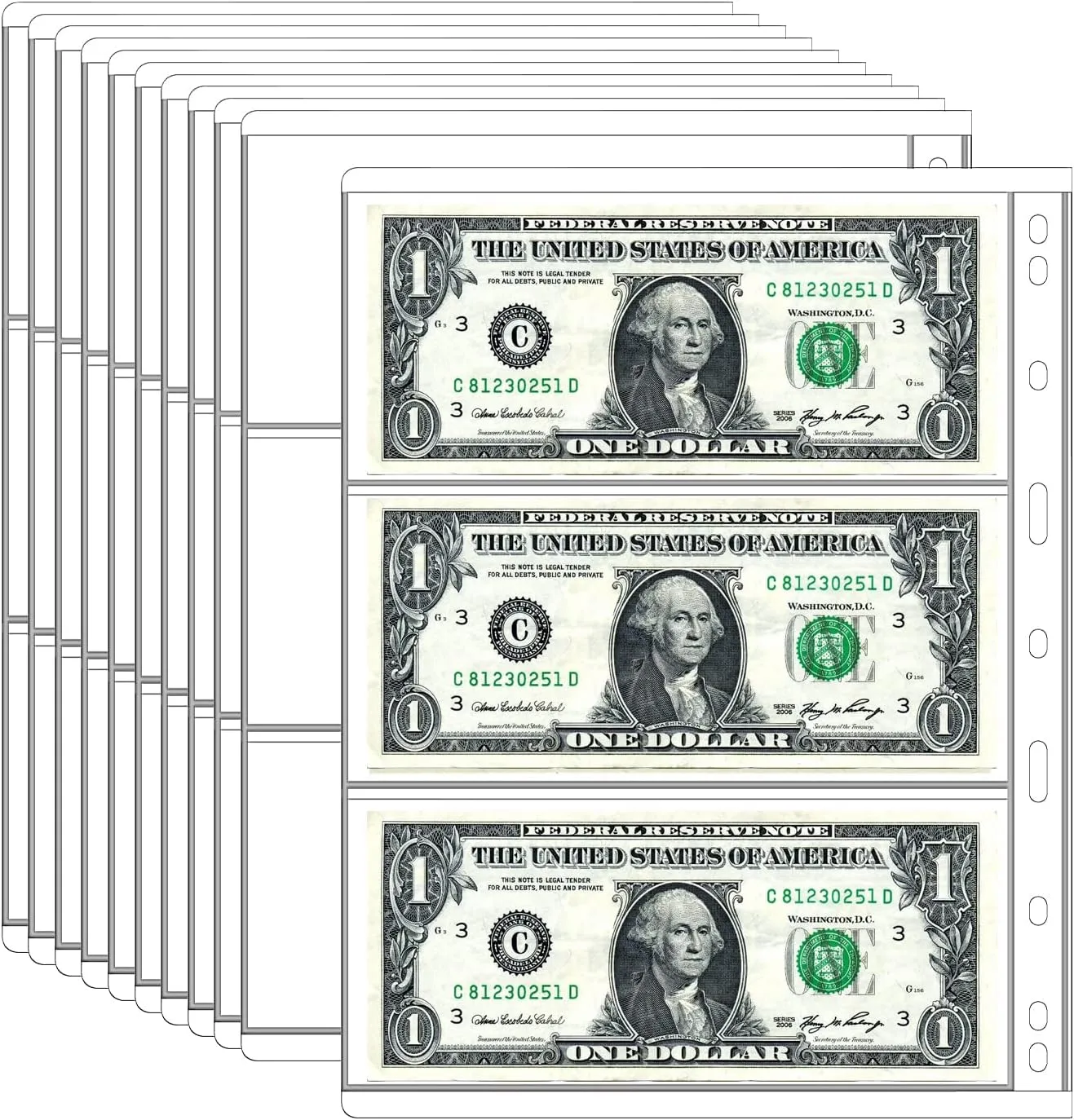 10 Sheets Currency Sleeves for Collectors,30 Pocket Protector Paper Money Stamp Page Holders for Paper Money Collection,Coupon Organizer Collecting Album Pages for Bill Banknote(3 Pockets)