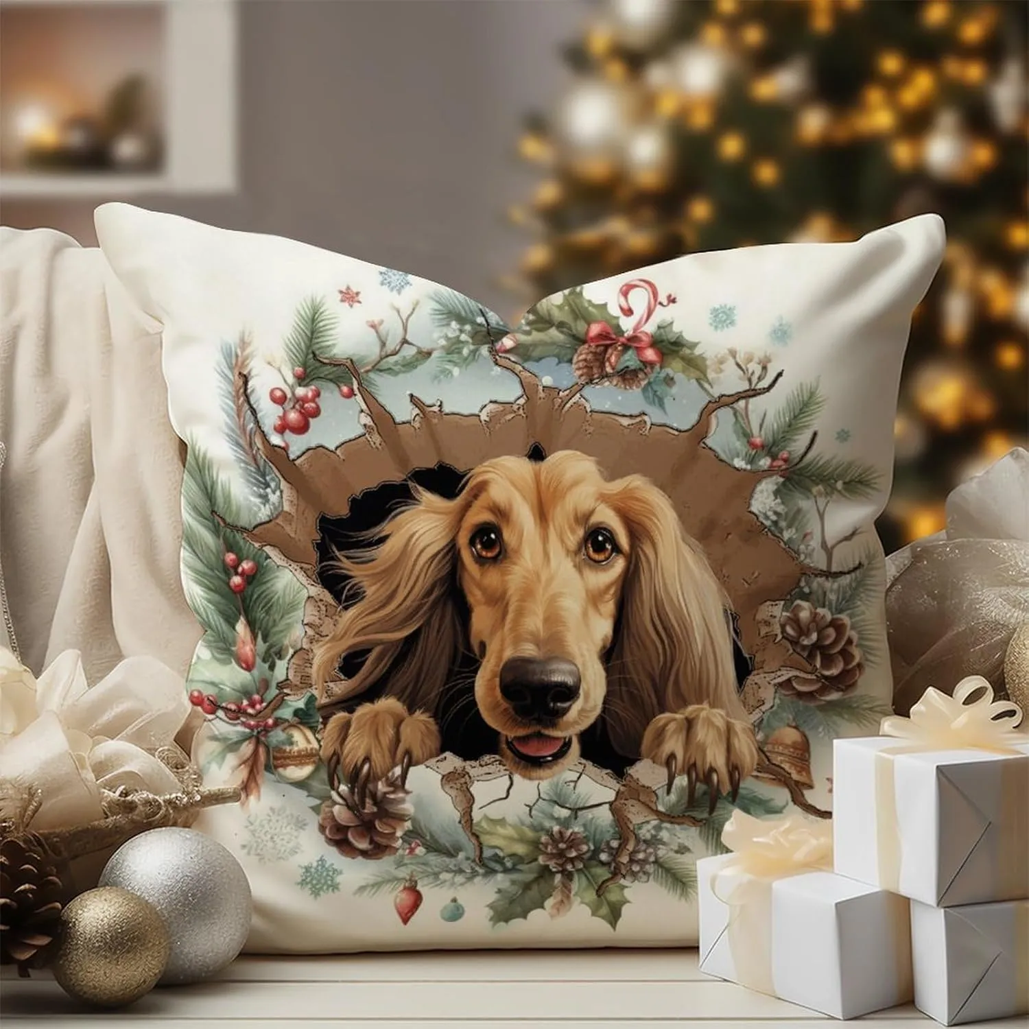 African Hound Cushion Cover African Hound Peeking Dog in Crack Pillowcases Gift for Dog Lover Pillows Vintage Farmhouse Linen Throw Pillow Covers for Sofa Chair Car 26x26in