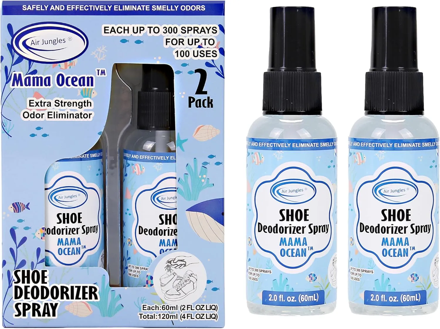 Air Jungles Shoe Deodorizer Spray, Ocean Scent, Shoe Odor Smell Eliminator for Sneaker, Boot and Locker, Gym Bag Deodorizer, Freshener for Stinky Shoes