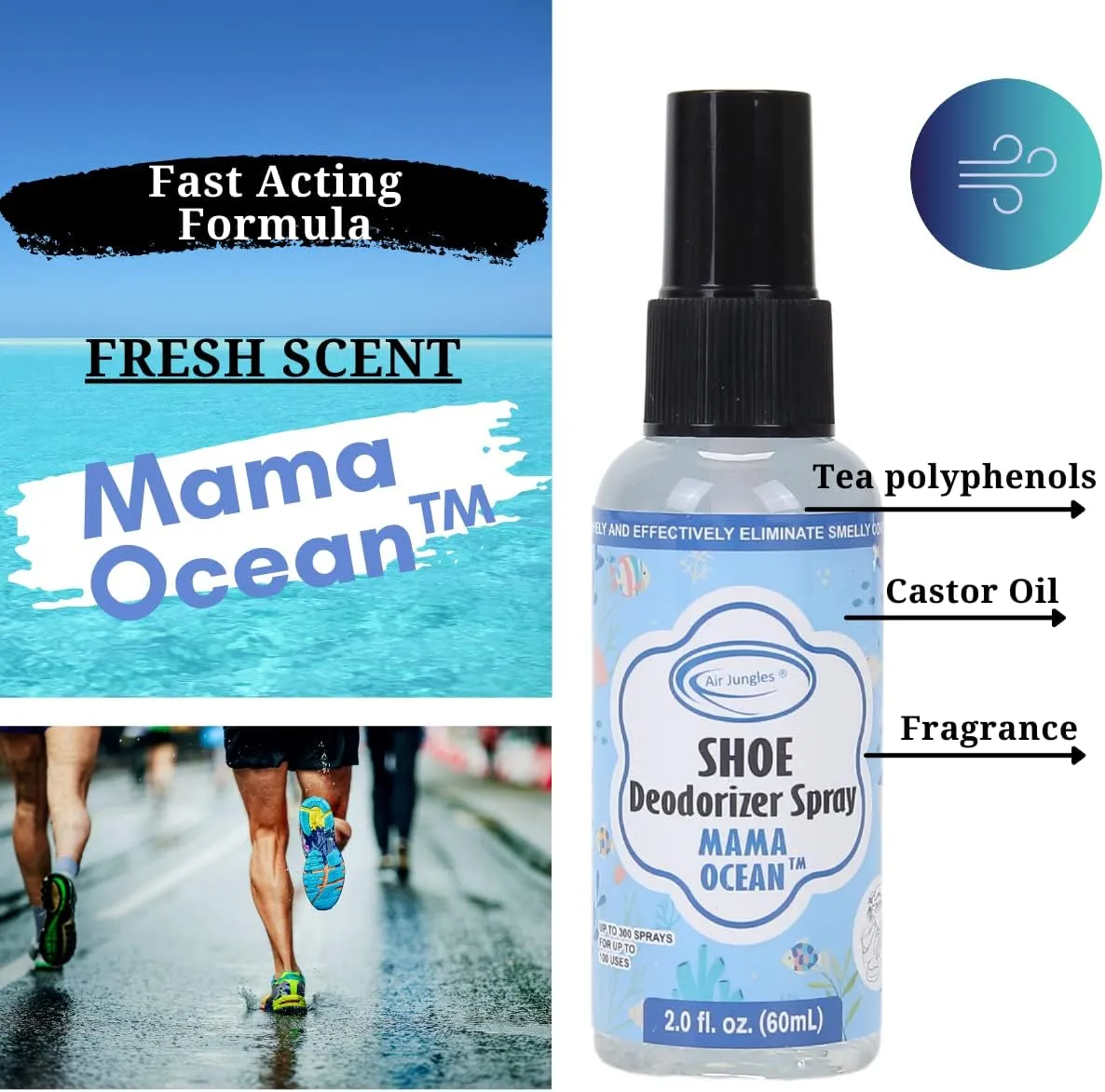 Air Jungles Shoe Deodorizer Spray, Ocean Scent, Shoe Odor Smell Eliminator for Sneaker, Boot and Locker, Gym Bag Deodorizer, Freshener for Stinky Shoes
