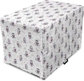 Ambesonne Owl Dog Crate Cover, Cartoon Style Illustration of Birds on The Branches Mysterious Woods Print, Easy to Use Pet Kennel Cover for Medium Large Dogs, 48 Inch, Eggplant and White