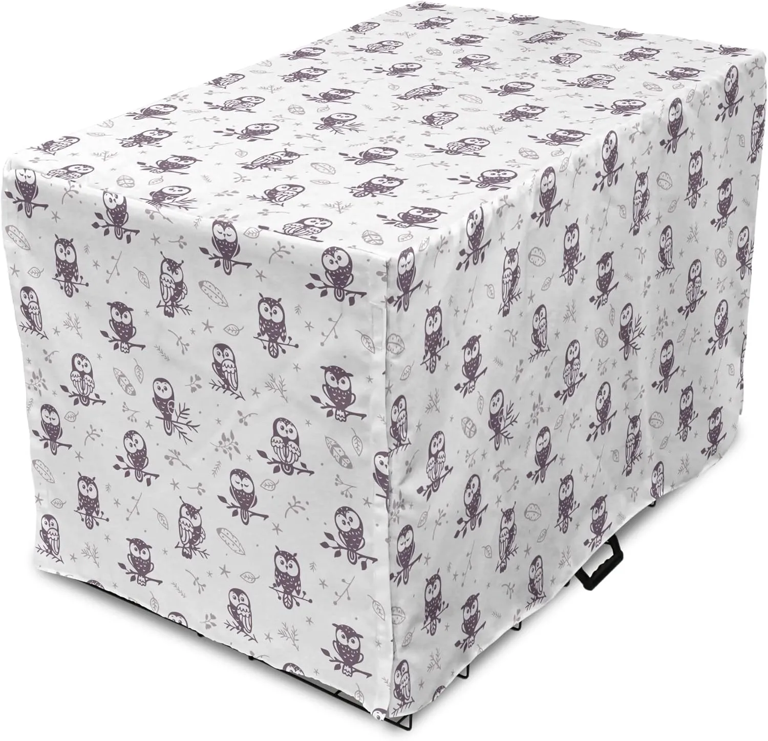 Ambesonne Owl Dog Crate Cover, Cartoon Style Illustration of Birds on The Branches Mysterious Woods Print, Easy to Use Pet Kennel Cover for Medium Large Dogs, 48 Inch, Eggplant and White