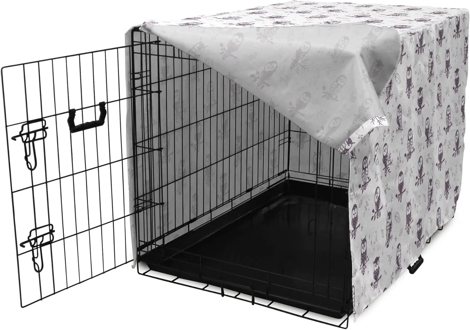 Ambesonne Owl Dog Crate Cover, Cartoon Style Illustration of Birds on The Branches Mysterious Woods Print, Easy to Use Pet Kennel Cover for Medium Large Dogs, 48 Inch, Eggplant and White