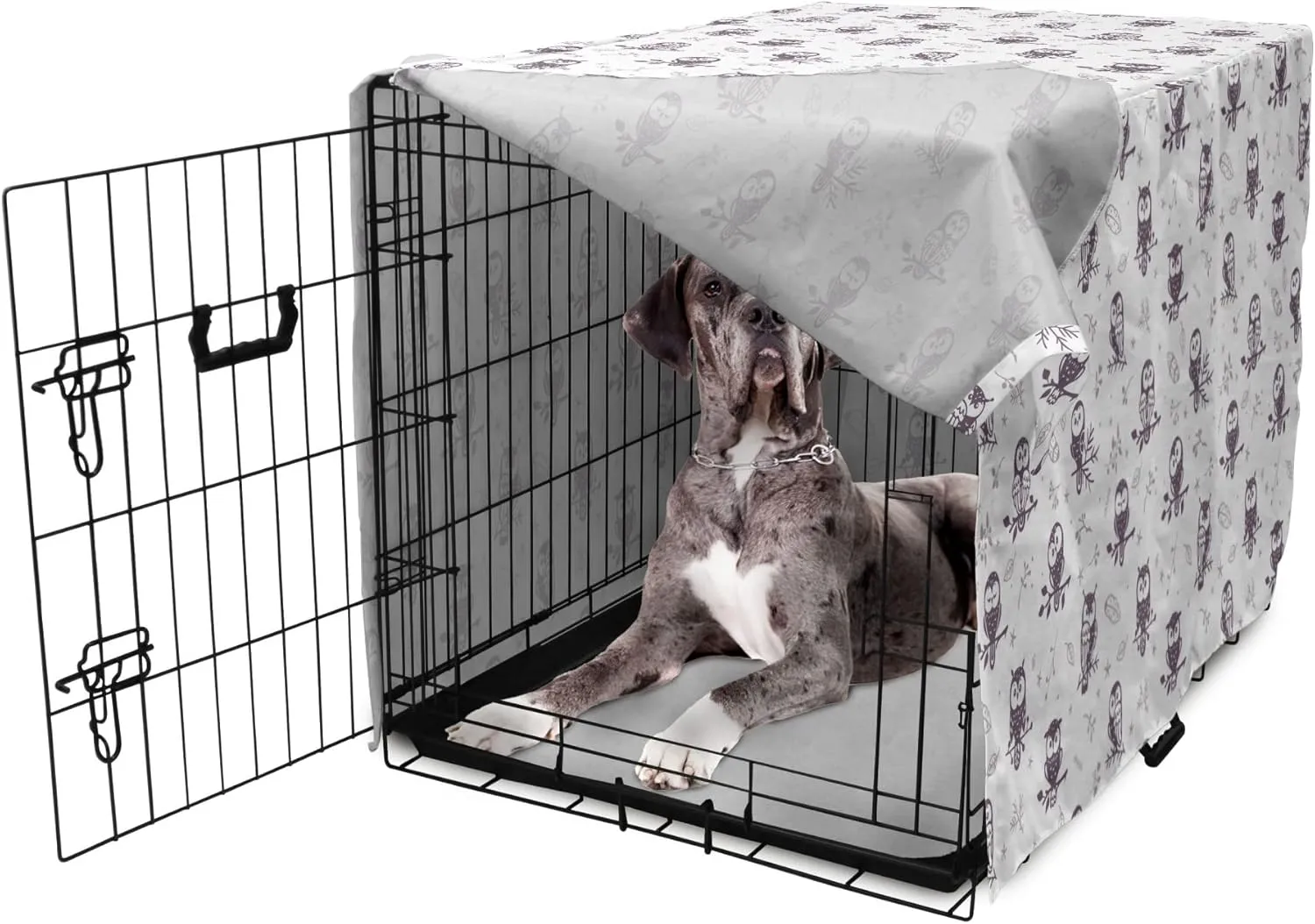 Ambesonne Owl Dog Crate Cover, Cartoon Style Illustration of Birds on The Branches Mysterious Woods Print, Easy to Use Pet Kennel Cover for Medium Large Dogs, 48 Inch, Eggplant and White