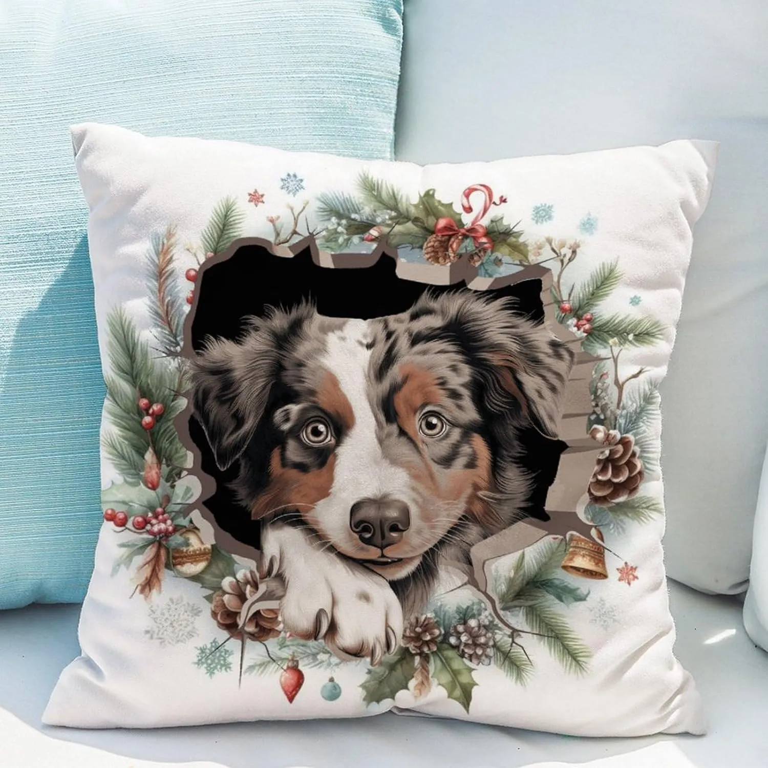 Australian Shepherd Peeking Dog in Crack Cushion Cover Australian Shepherd Pillow Cover Dog Mom Gift Pillowcase 26x26in White Linen Pillows for Living Room Bedroom