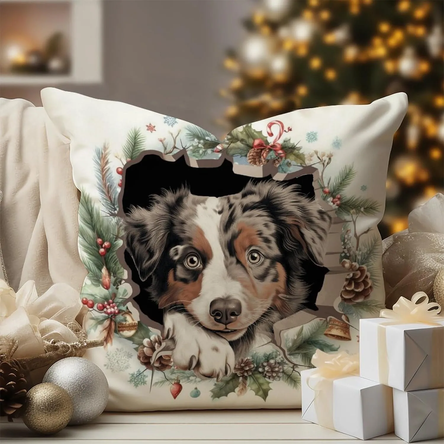 Australian Shepherd Peeking Dog in Crack Cushion Cover Australian Shepherd Pillow Cover Dog Mom Gift Pillowcase 26x26in White Linen Pillows for Living Room Bedroom