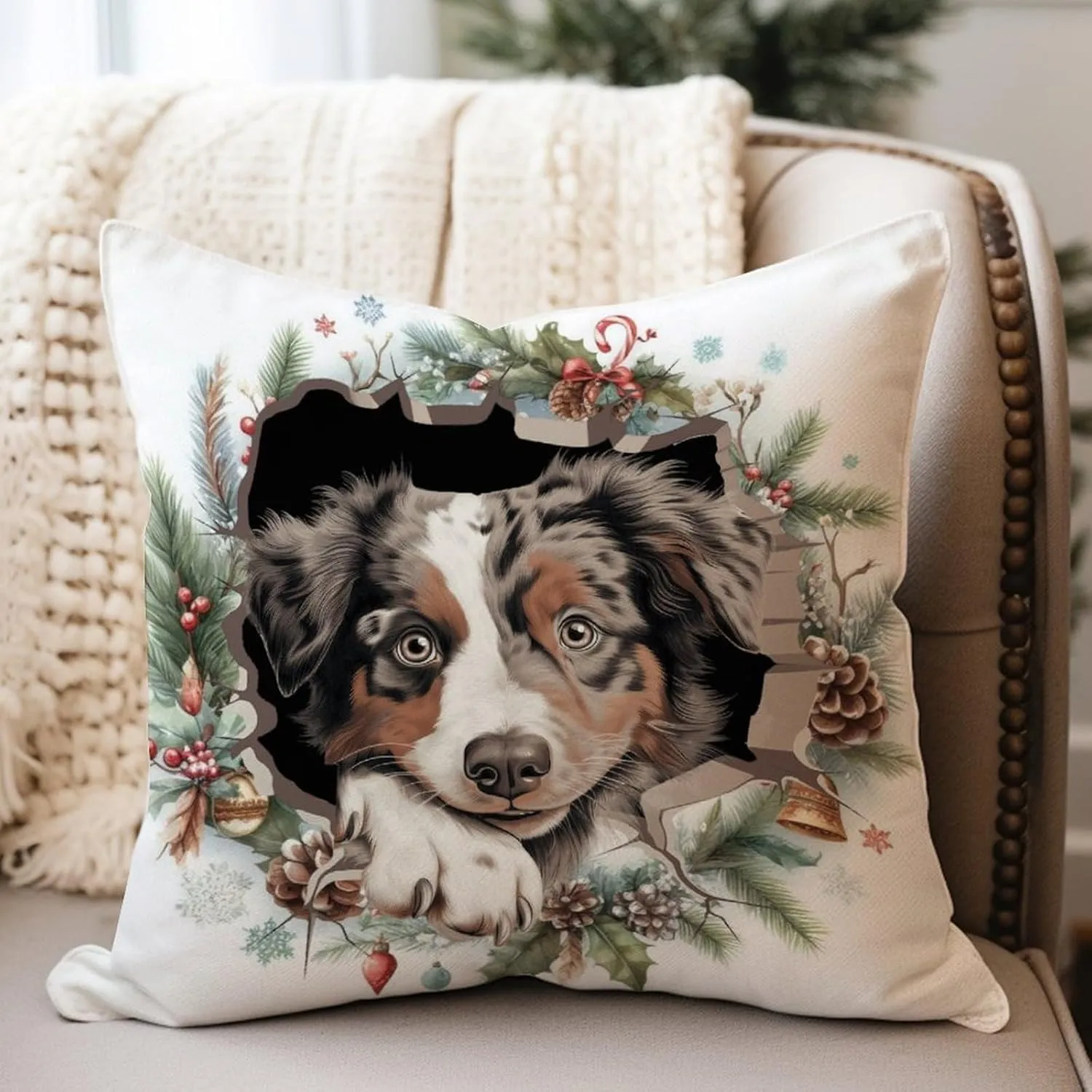 Australian Shepherd Peeking Dog in Crack Cushion Cover Australian Shepherd Pillow Cover Dog Mom Gift Pillowcase 26x26in White Linen Pillows for Living Room Bedroom