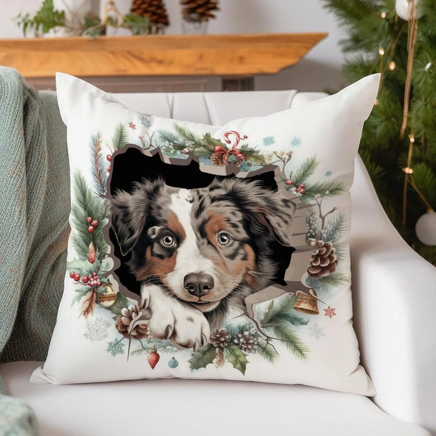 Australian Shepherd Peeking Dog in Crack Cushion Cover Australian Shepherd Pillow Cover Dog Mom Gift Pillowcase 26x26in White Linen Pillows for Living Room Bedroom