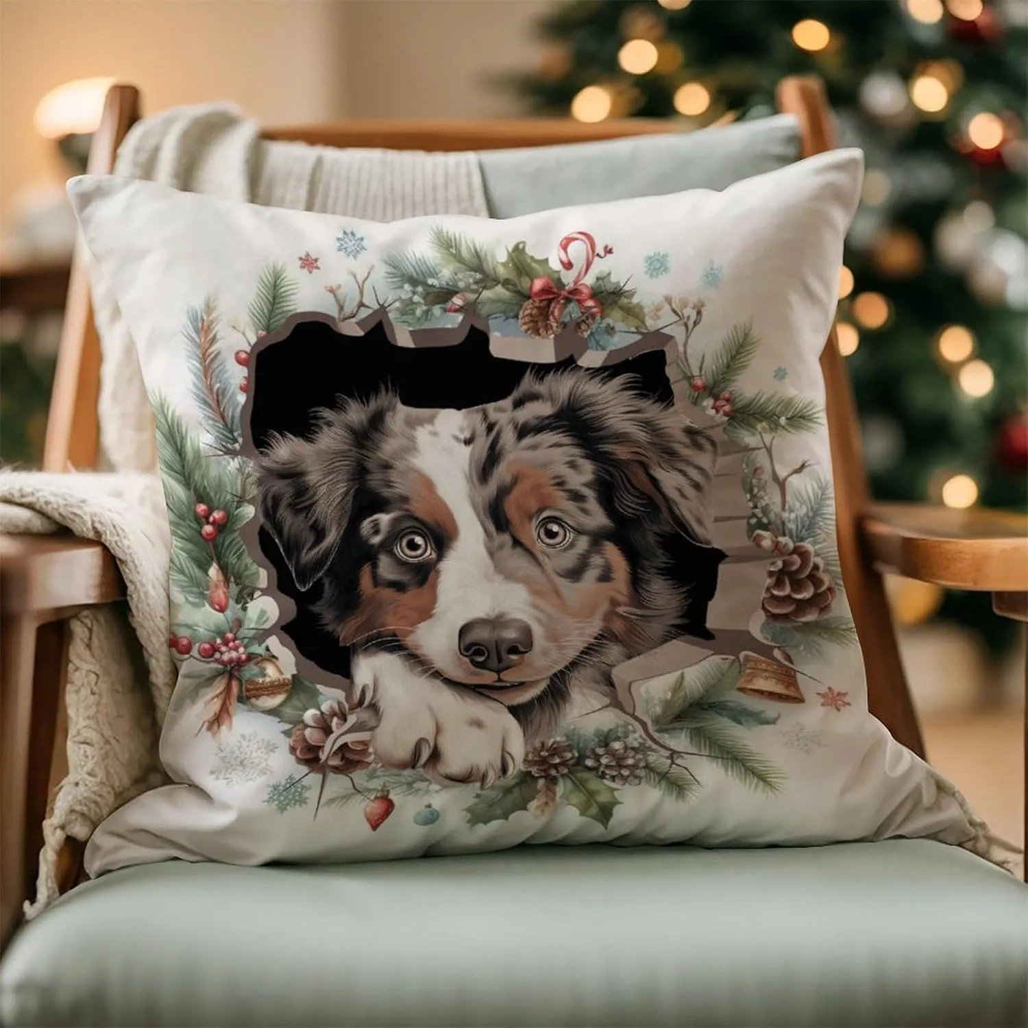 Australian Shepherd Peeking Dog in Crack Cushion Cover Australian Shepherd Pillow Cover Dog Mom Gift Pillowcase 26x26in White Linen Pillows for Living Room Bedroom