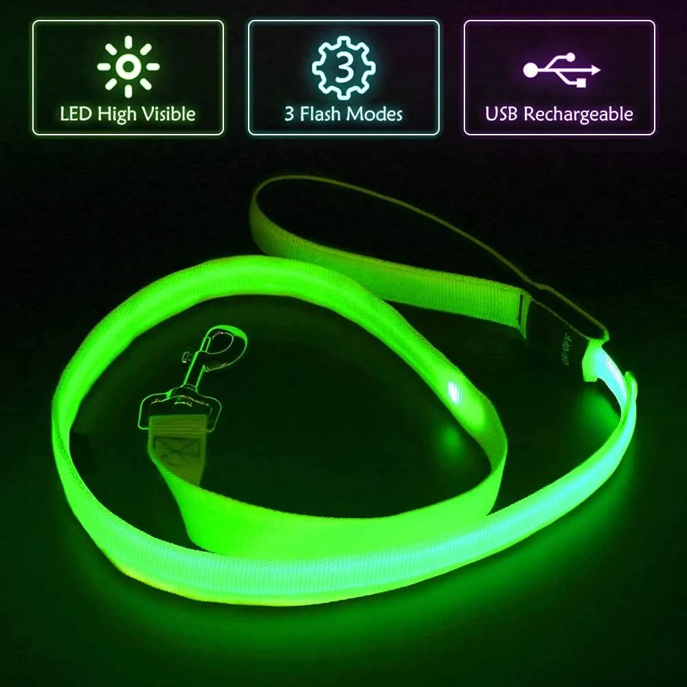 BSEEN Light Up Dog Leash - Nylon LED Dog Leash Rechargeable, Glowing Dog Lead with Padded Handle, Safety Dog Lights for Night Walking (4ft, Neon Green)