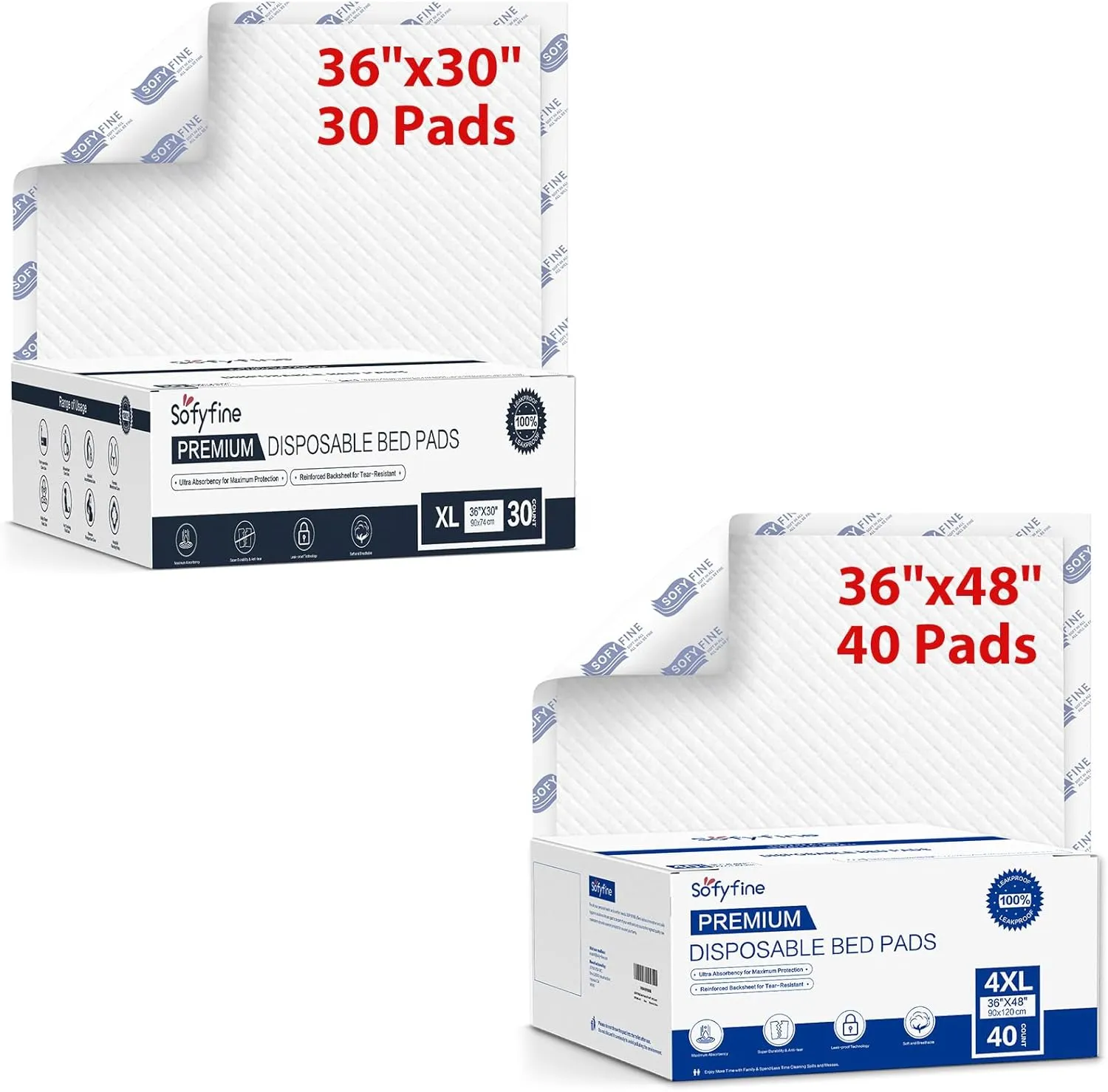 Bundle Total 70 Pads,Tear Resistant Disposable Bed Pads 30"x 36"(30 Count),Extra Large Disposable Bed Pads 36"x 48"(40 Count),10X Super Absorbency Heavy Duty Puppy Training Pads