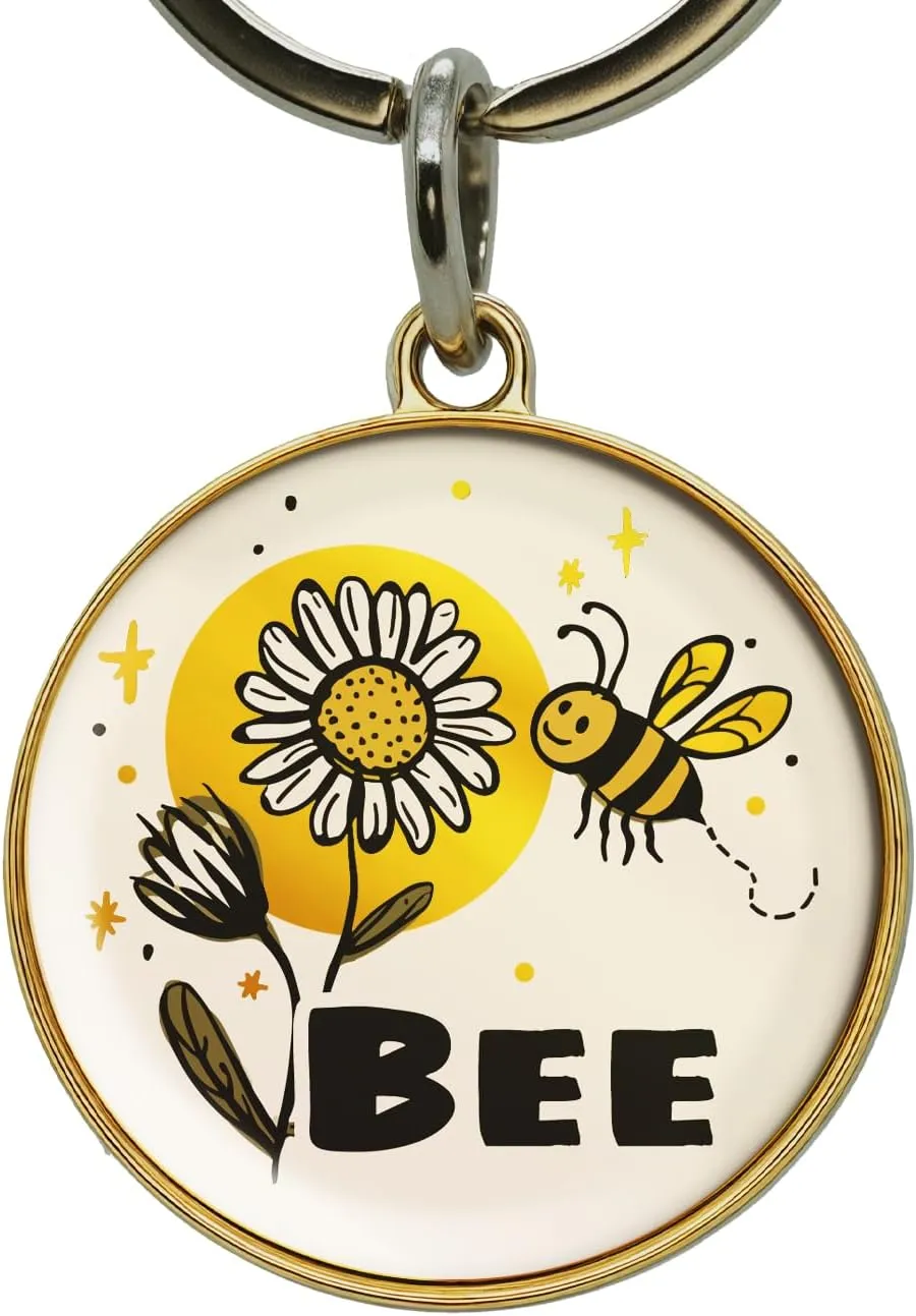 Customizable Reflective Waterproof Pet ID Tag with Engraved Name & Contact Info, Durable Rustproof Metal Lightweight Design for Dogs Cats, Gold & Silver Options (bee)