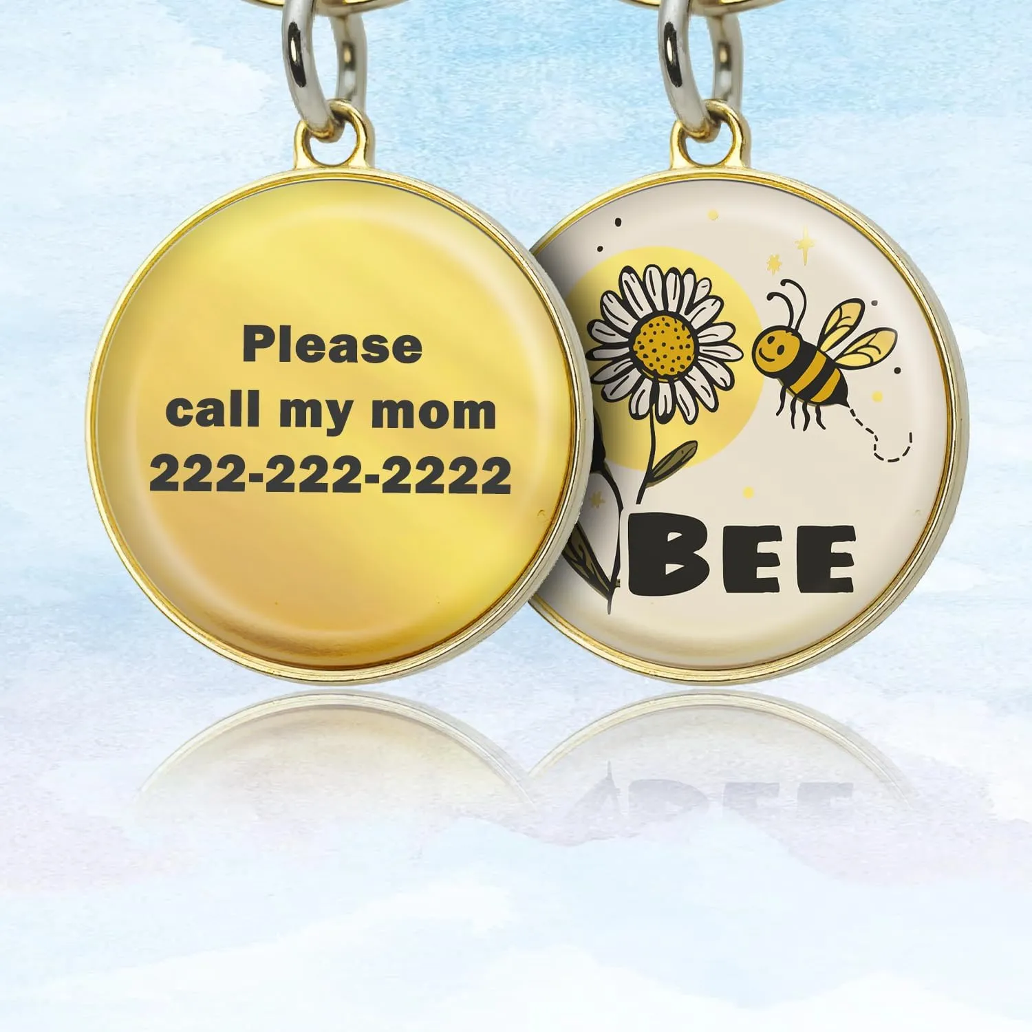 Customizable Reflective Waterproof Pet ID Tag with Engraved Name & Contact Info, Durable Rustproof Metal Lightweight Design for Dogs Cats, Gold & Silver Options (bee)