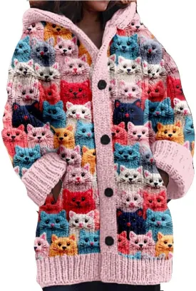 Cute Cat Pattern Knit Hooded Cardigan Cat Sweaters for Women Plus Size Cat Lover Gift Cardigan for Women
