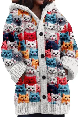 Cute Cat Pattern Knit Hooded Cardigan Cat Sweaters for Women Plus Size Cat Lover Gift Cardigan for Women