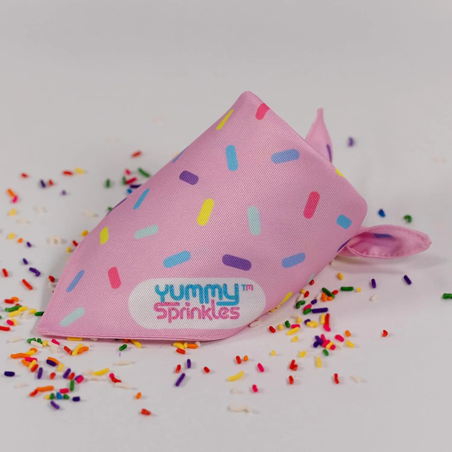 Cute Small Pastel Pink Dog Bandana for Boy and Girl Dogs by Yummy Sprinkles | Birthday Rainbow Sprinkles Bandana | Spring and Summer Dog Accessory Boy/Girl | Washable Silky Polyester