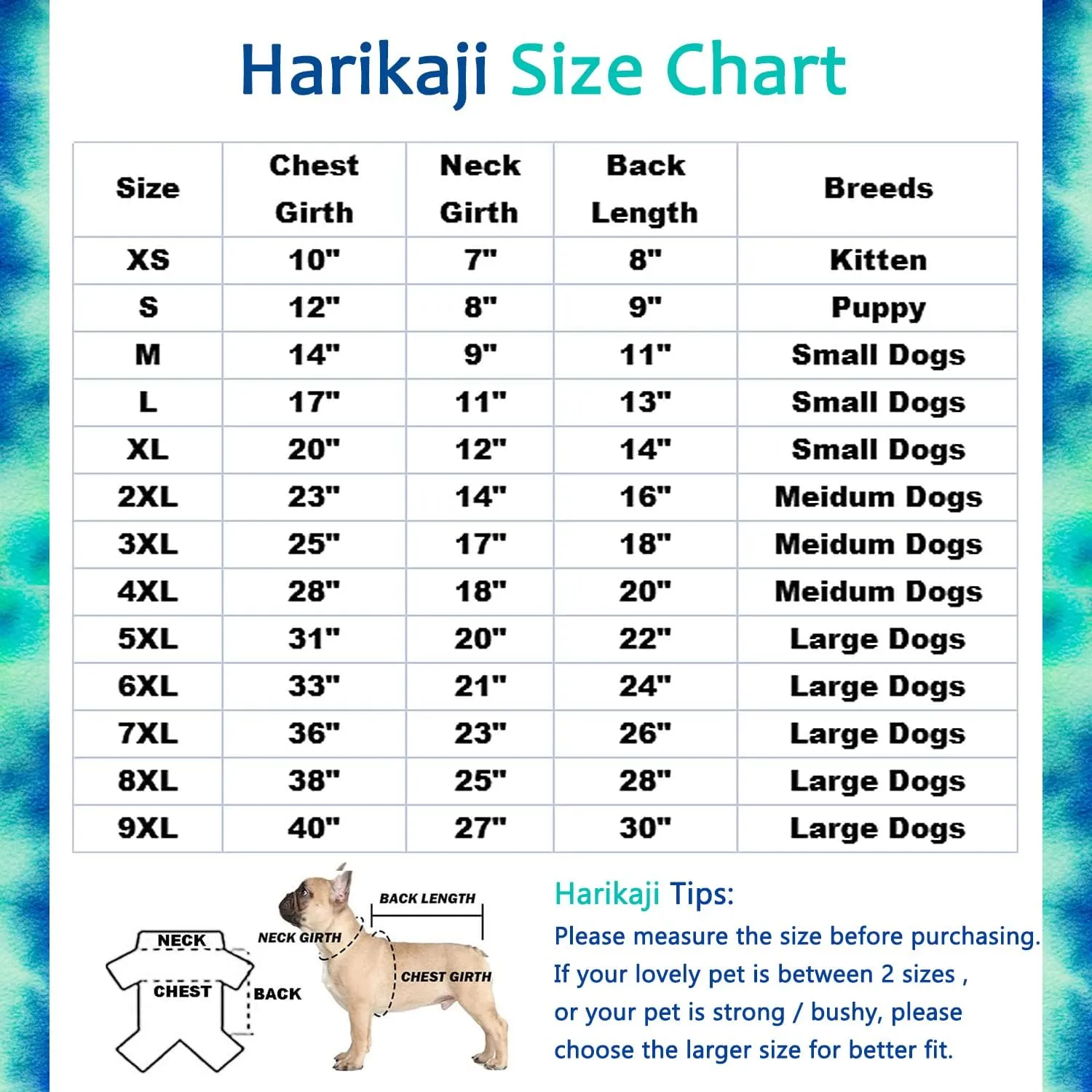 Dog Tie Dye Hoodie, Dog Winter Clothes, Pet Hooded Sweatershirt Pullover, Dog Coat Apparel for Small Medium Large Dogs(Blue Green,8XL-Chest 38'')