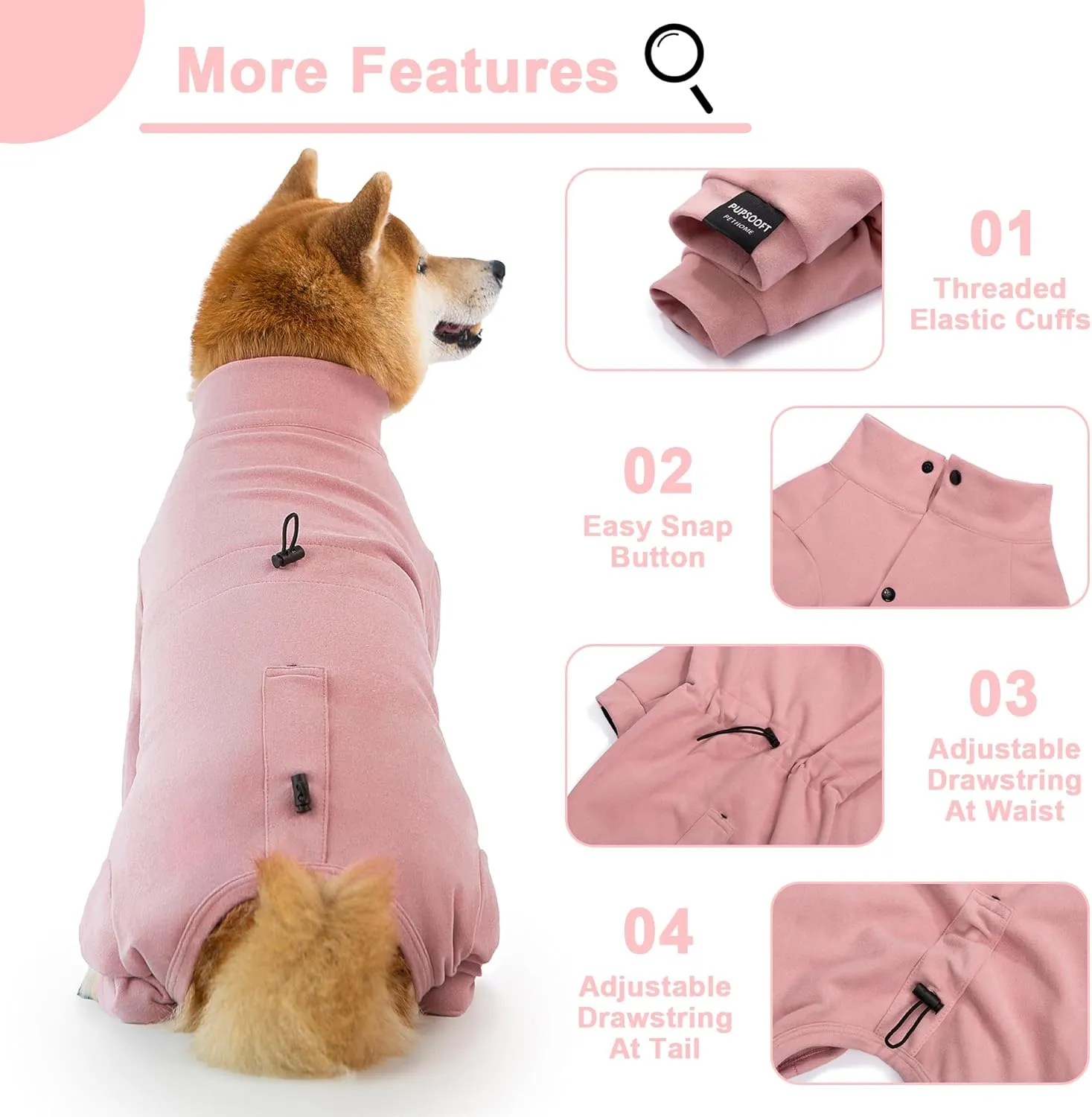 Dog Winter Warmer Fleece Onesie, Bodysuit for Small Medium Large Dogs, Stretchy Cold Weather Pet Warmer Jumpsuit Puppy Onesie Lightweight, Pink, Large