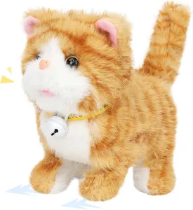Easfan Walking Plush Kitty Toy Stuffed Animal Electric Interactive Talking Musical Plush Toy Yellow Kitty Tail Wagging Christmas Birthday Gifts for Kids Toddlers,7"