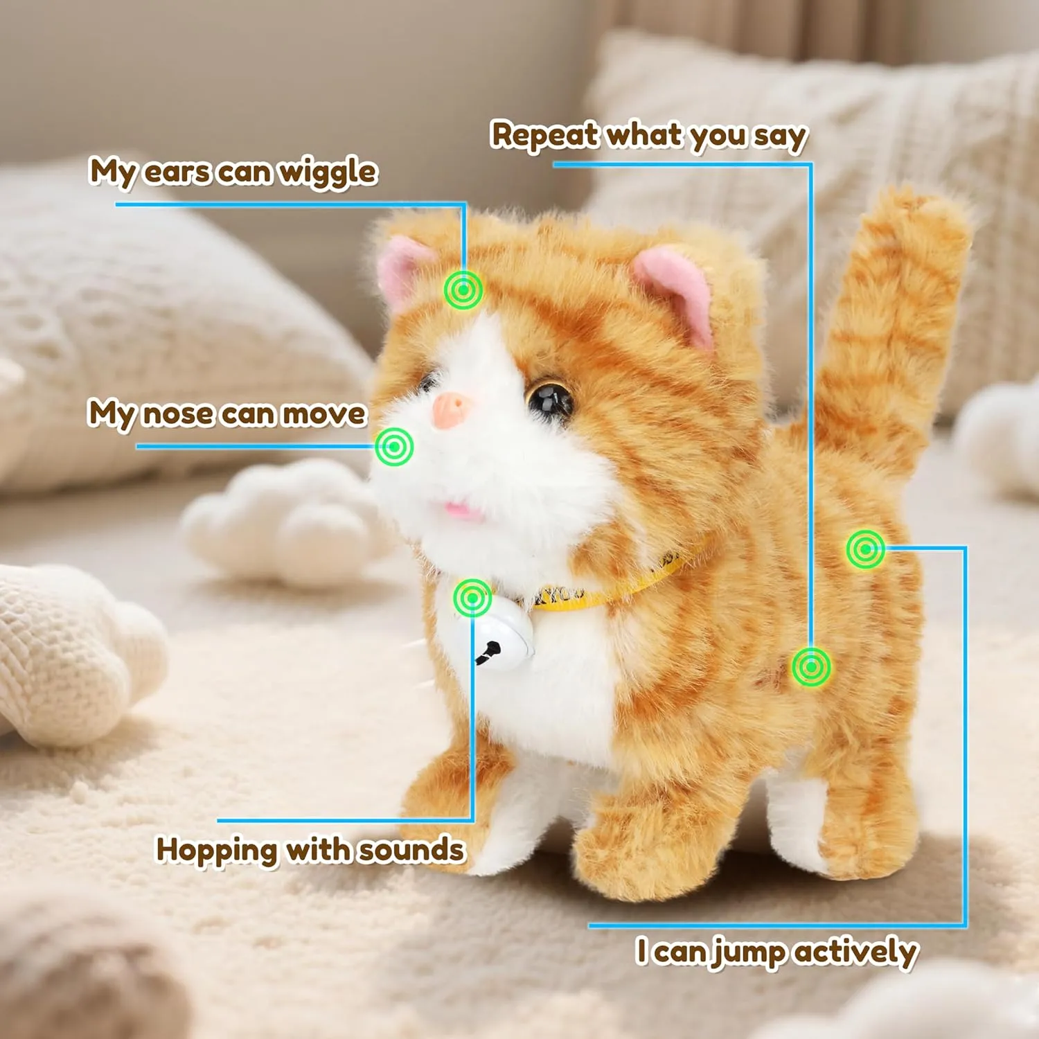 Easfan Walking Plush Kitty Toy Stuffed Animal Electric Interactive Talking Musical Plush Toy Yellow Kitty Tail Wagging Christmas Birthday Gifts for Kids Toddlers,7"