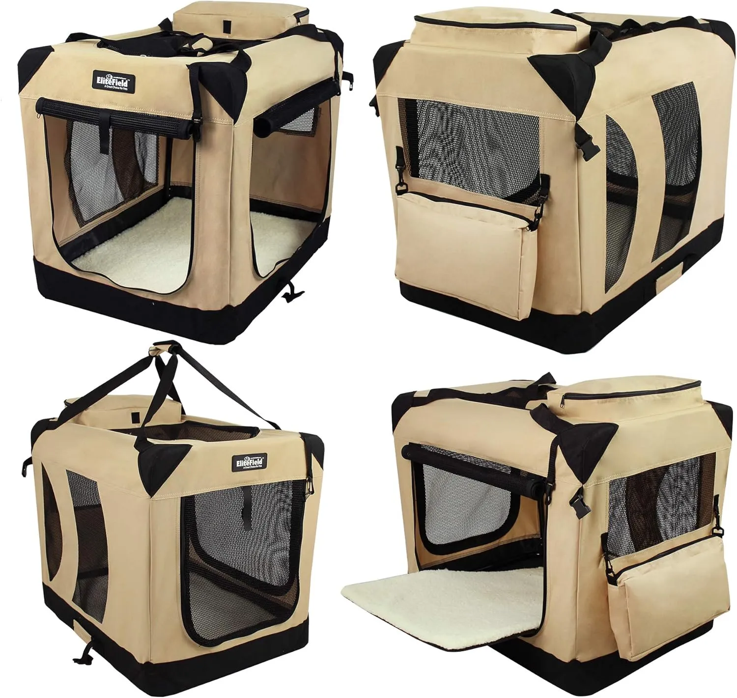 EliteField 3-Door Folding Soft Dog Crate with Carrying Bag and Fleece Bed (2 Year Warranty), Indoor & Outdoor Pet Home (42" L x 28" W x 32" H, Beige)