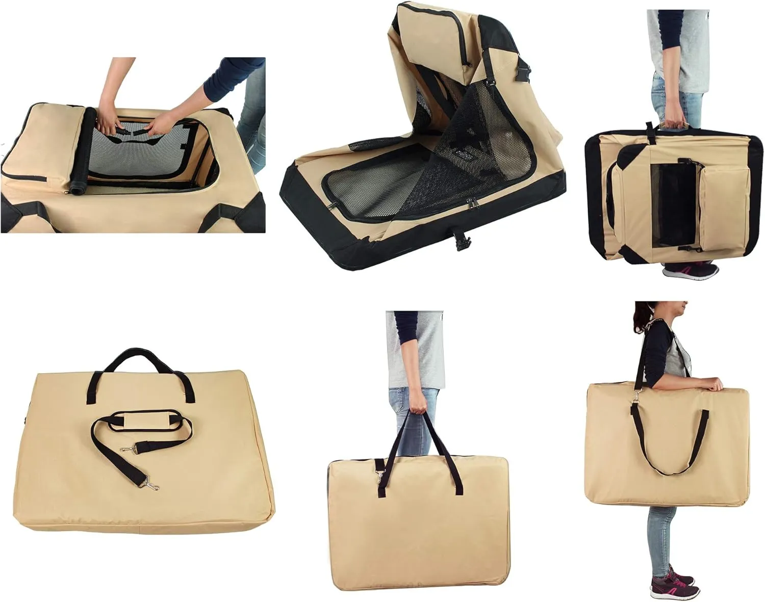 EliteField 3-Door Folding Soft Dog Crate with Carrying Bag and Fleece Bed (2 Year Warranty), Indoor & Outdoor Pet Home (42" L x 28" W x 32" H, Beige)