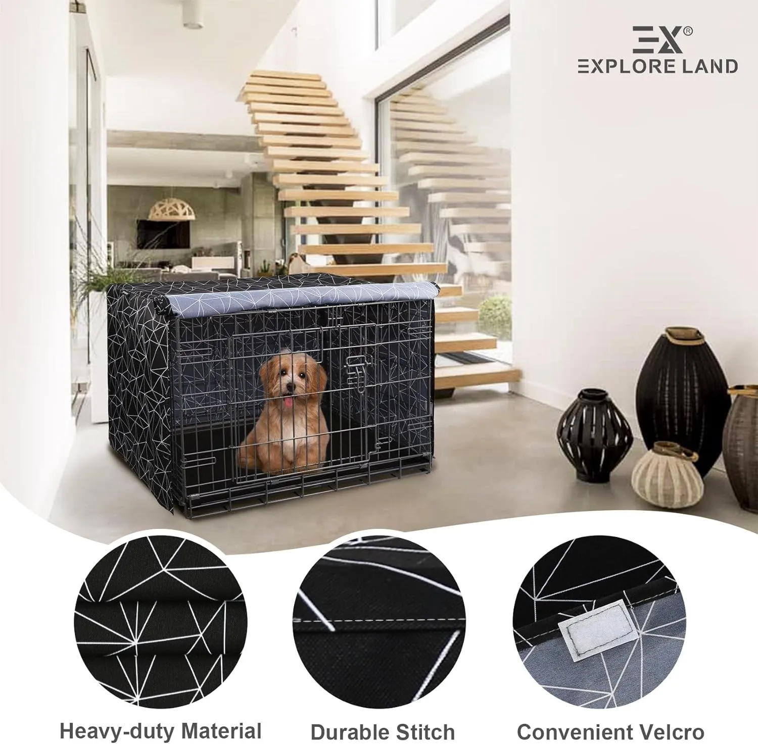 Explore Land Pattern Dog Crate Cover for 24 Inches Wire Cage, Heavy-Duty Polyester 1 2 3 Doors Standard Metal Pet Kennel Enclosure (Brief Polygonal)