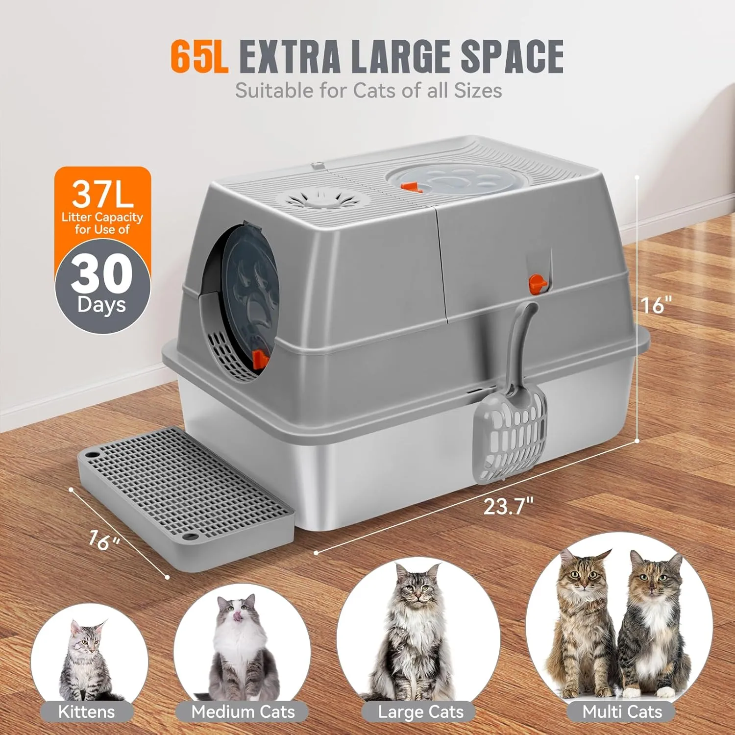 Extra Large Stainless Steel Litter Box Enclosed, Stainless Steel Cat Litter Box with Flip-Top Lid, Front Entry Top Exit, Easy to Clean & Assemble - Grey