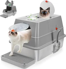 Extra Large Stainless Steel Litter Box Enclosed, Stainless Steel Cat Litter Box with Flip-Top Lid, Front Entry Top Exit, Easy to Clean & Assemble - Grey