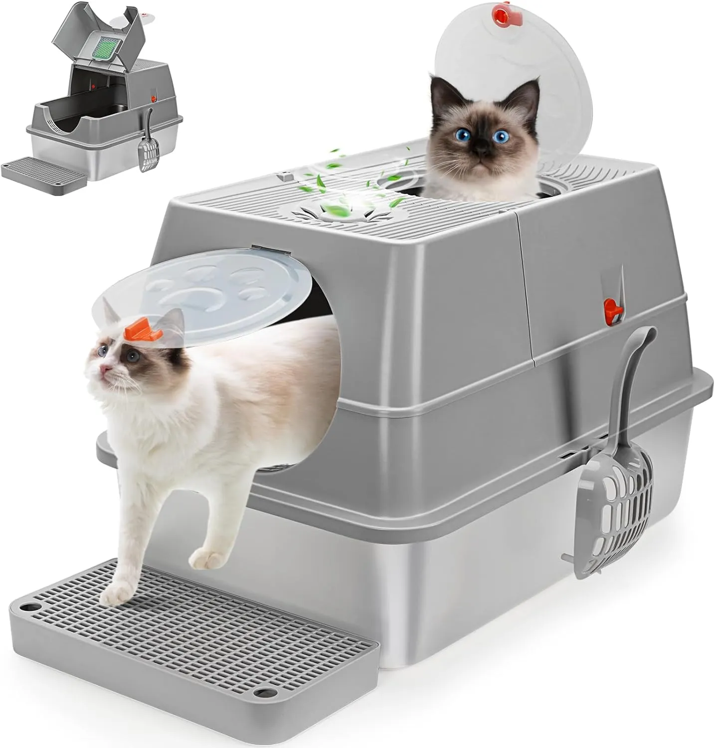 Extra Large Stainless Steel Litter Box Enclosed, Stainless Steel Cat Litter Box with Flip-Top Lid, Front Entry Top Exit, Easy to Clean & Assemble - Grey