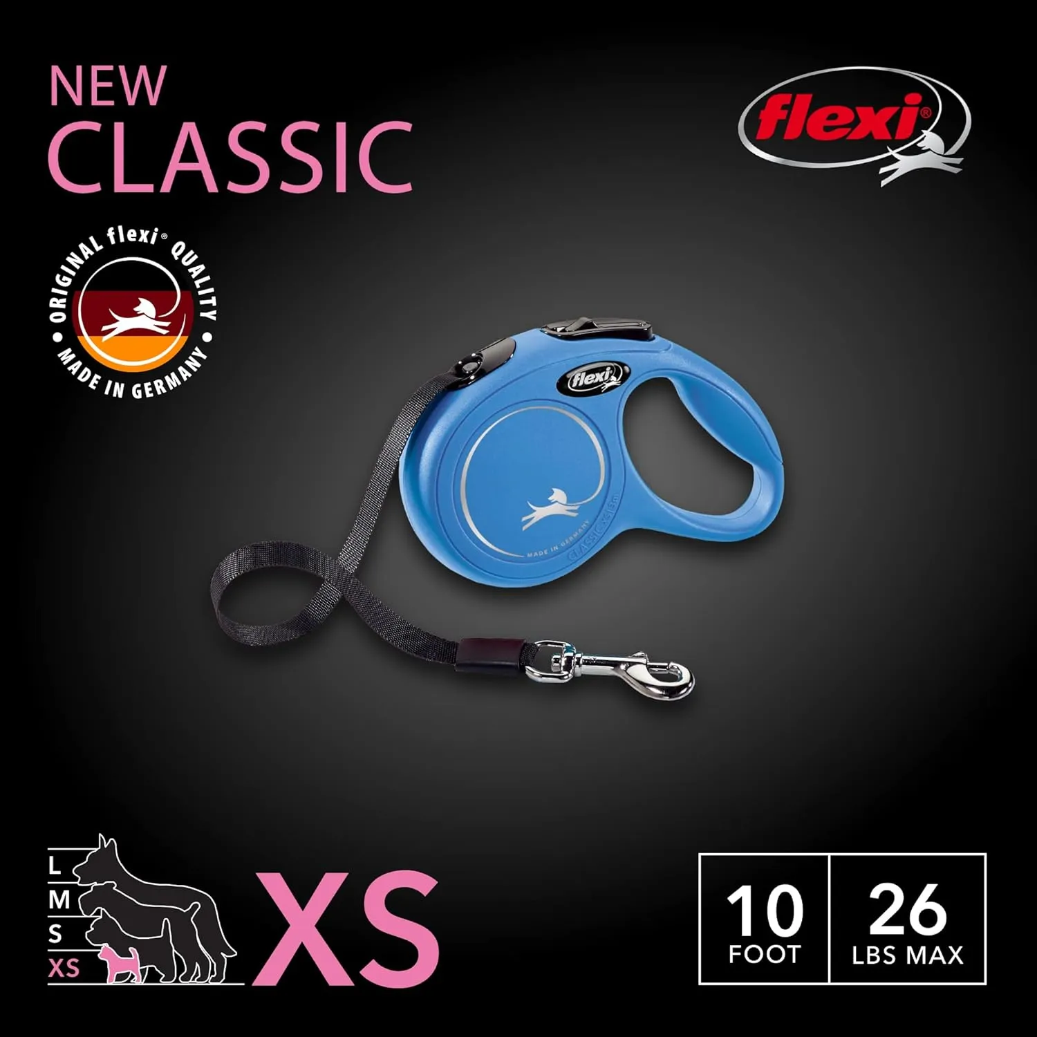 FLEXI New Classic Tape Extra Small Retractable Dog Leash for Small Dogs Upto 26 lbs.  10 ft., Blue | Tangle Free Pet Walking Leash with One-Handed Brake, Pause, Lock|German Quality Product