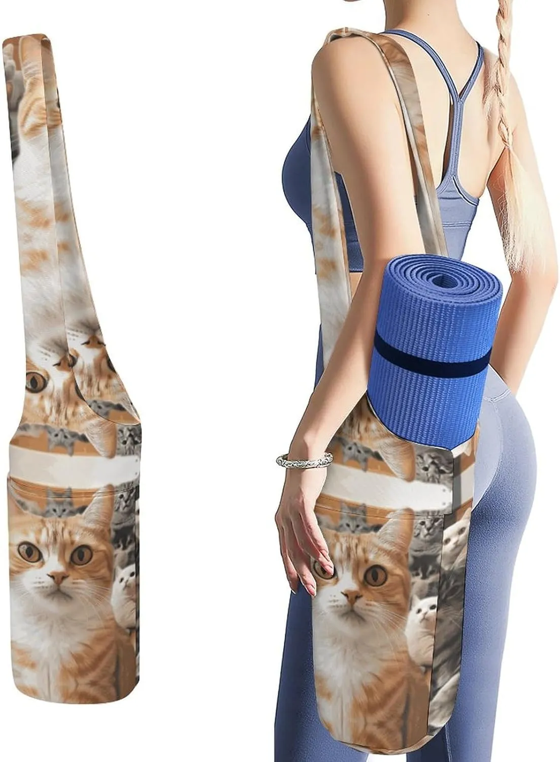 Funny Pet Cat Yoga Mat Bag Canvas Long Tote Yoga Mat with Water Bottle Pockets Large Travel Gym Bag Multi-Functional Fitness Storage Bag Carrier Holder Bag