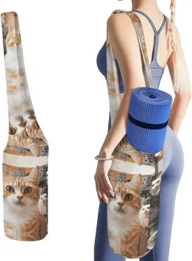 Funny Pet Cat Yoga Mat Bag Canvas Long Tote Yoga Mat with Water Bottle Pockets Large Travel Gym Bag Multi-Functional Fitness Storage Bag Carrier Holder Bag