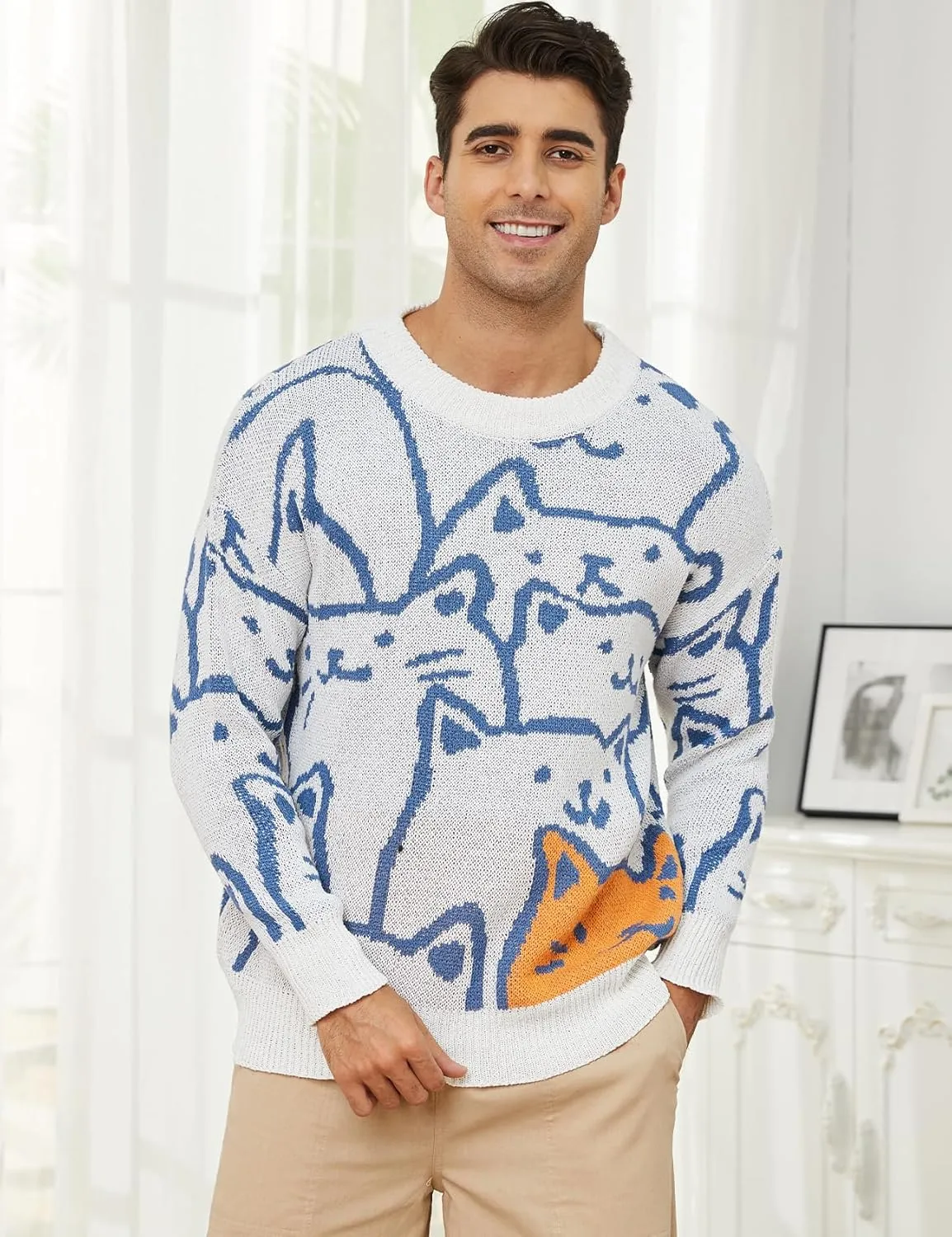 Gihuo Mens Graphic Pullover Sweaters Vintage Loose Sweaters Crewneck Long Sleeve Knitwear Cute Cats Print Knit Top