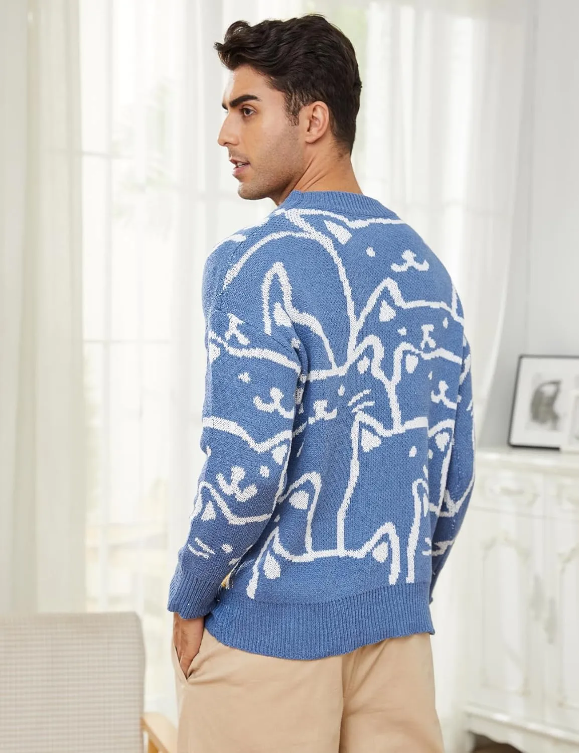 Gihuo Mens Graphic Pullover Sweaters Vintage Loose Sweaters Crewneck Long Sleeve Knitwear Cute Cats Print Knit Top