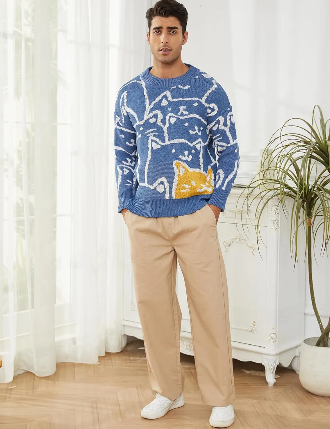 Gihuo Mens Graphic Pullover Sweaters Vintage Loose Sweaters Crewneck Long Sleeve Knitwear Cute Cats Print Knit Top