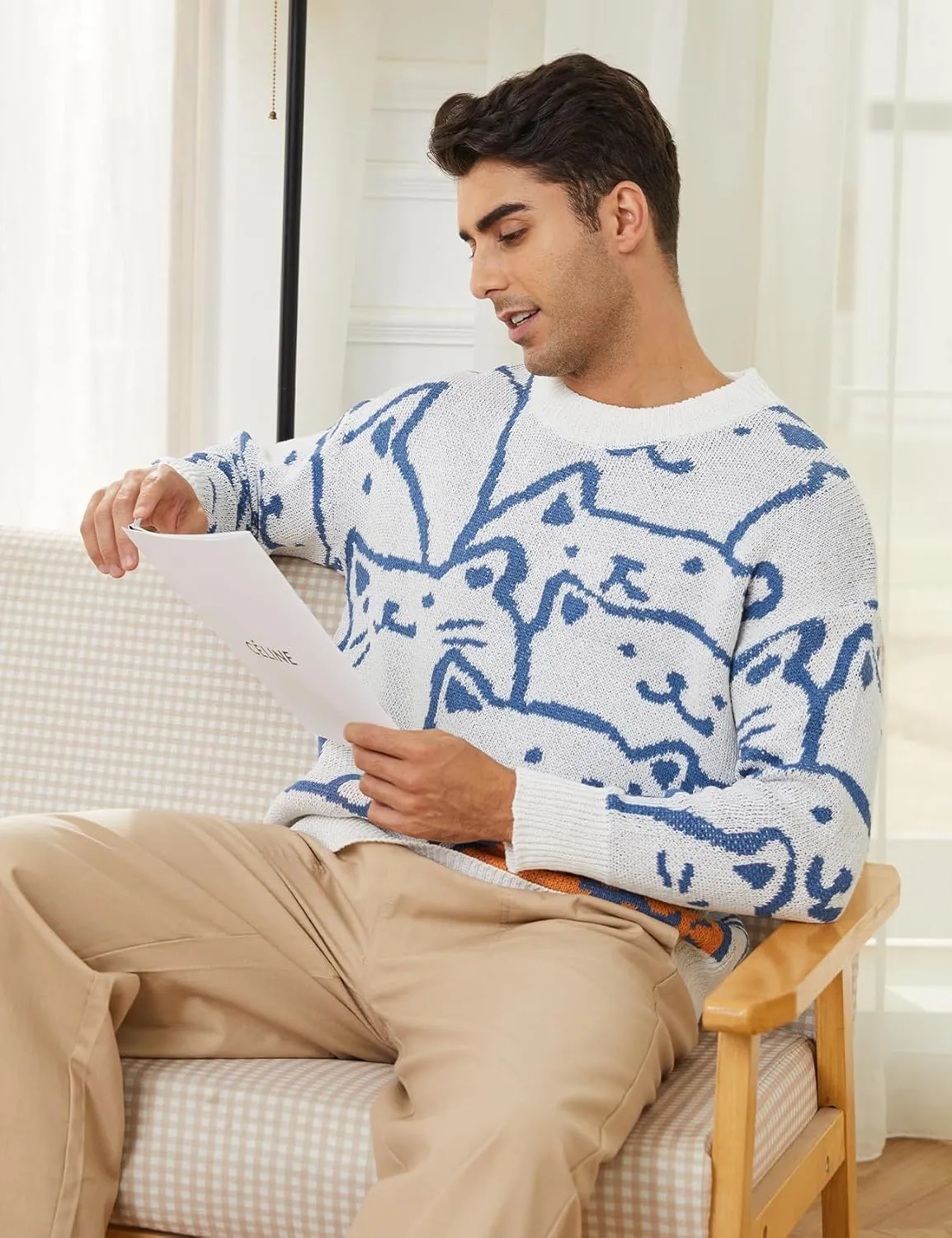 Gihuo Mens Graphic Pullover Sweaters Vintage Loose Sweaters Crewneck Long Sleeve Knitwear Cute Cats Print Knit Top