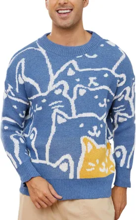 Gihuo Mens Graphic Pullover Sweaters Vintage Loose Sweaters Crewneck Long Sleeve Knitwear Cute Cats Print Knit Top