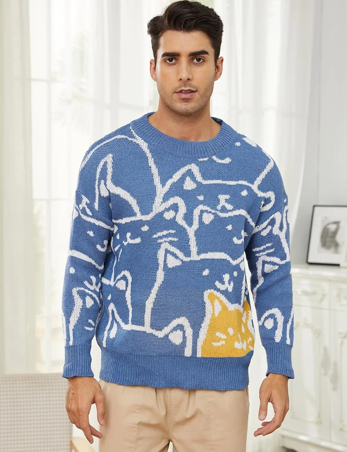 Gihuo Mens Graphic Pullover Sweaters Vintage Loose Sweaters Crewneck Long Sleeve Knitwear Cute Cats Print Knit Top