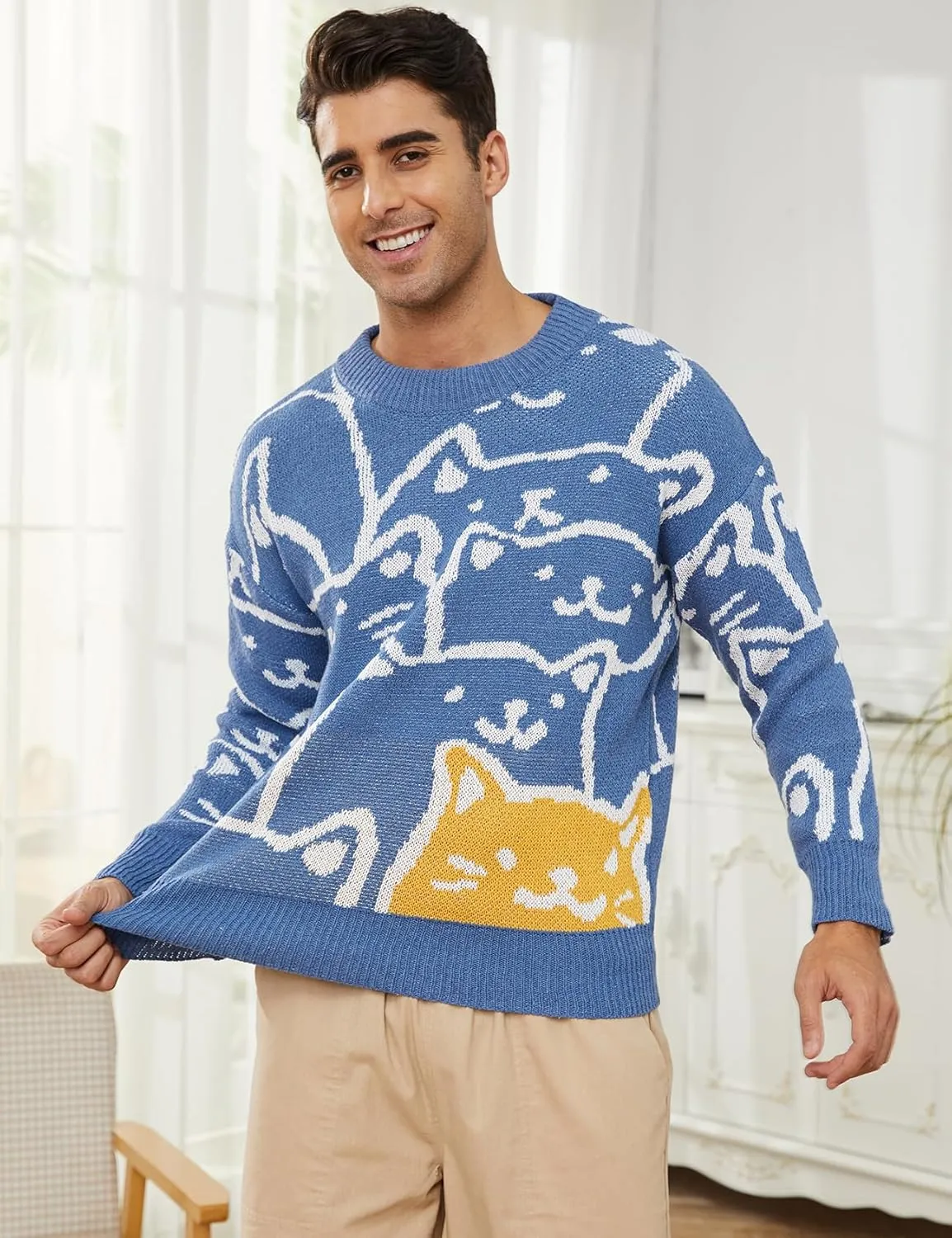 Gihuo Mens Graphic Pullover Sweaters Vintage Loose Sweaters Crewneck Long Sleeve Knitwear Cute Cats Print Knit Top