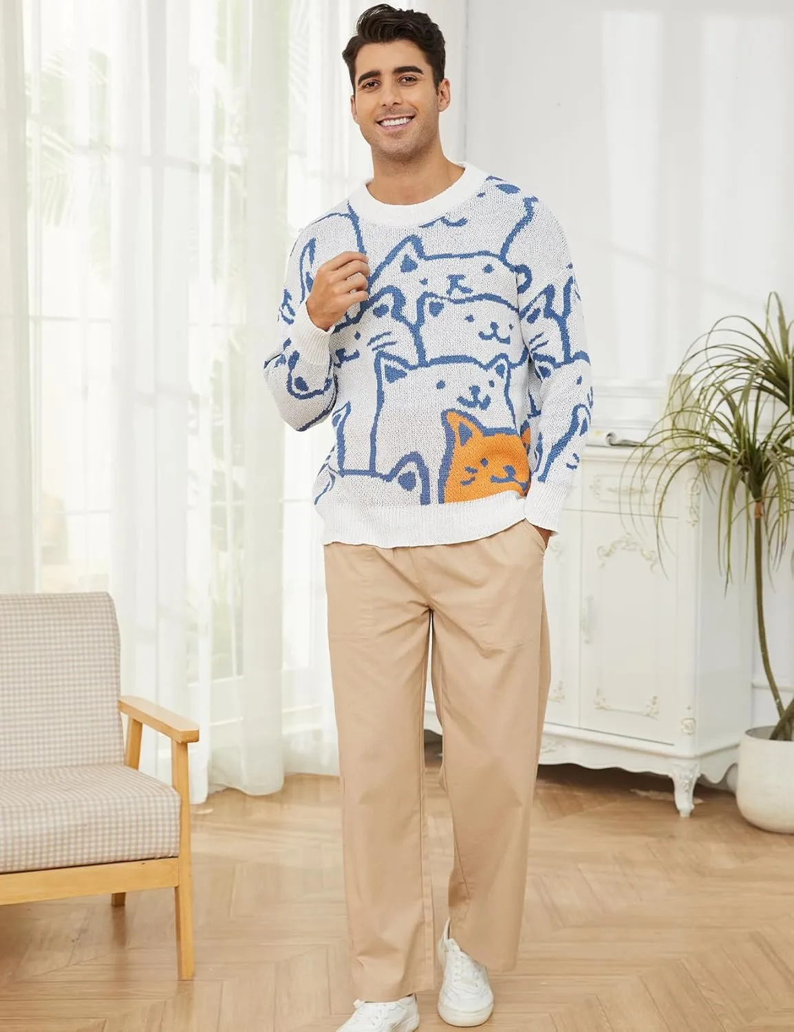 Gihuo Mens Graphic Pullover Sweaters Vintage Loose Sweaters Crewneck Long Sleeve Knitwear Cute Cats Print Knit Top