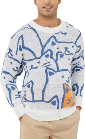 Gihuo Mens Graphic Pullover Sweaters Vintage Loose Sweaters Crewneck Long Sleeve Knitwear Cute Cats Print Knit Top