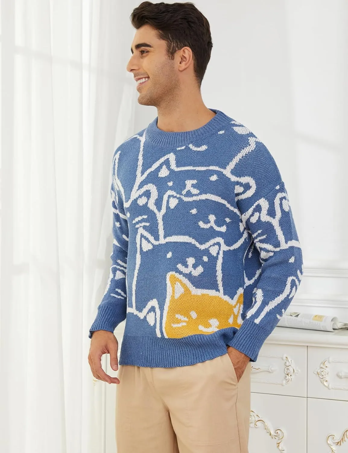 Gihuo Mens Graphic Pullover Sweaters Vintage Loose Sweaters Crewneck Long Sleeve Knitwear Cute Cats Print Knit Top