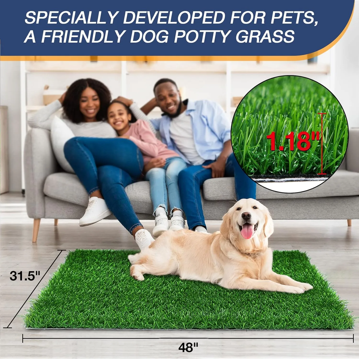 GLOBREEN Artificial Grass Pee Pad for Dogs, 48"x31.5" Pet Friendly Turf Potty Training Puppy, Washable Reusable, High-Drainage,