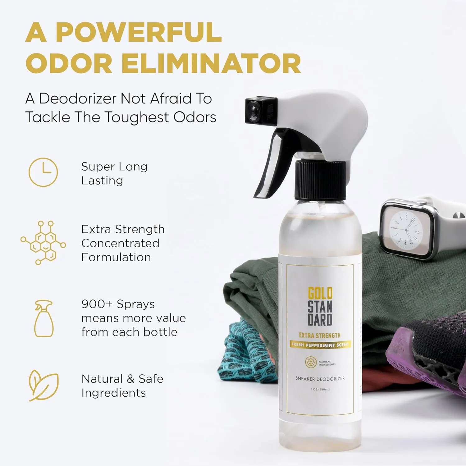 Gold Standard Shoe Deodorizer Spray, 6 oz  Shoe Spray and Smell Remover, Long-Lasting Shoe Odor Eliminator, Natural Shoe Freshener Spray with Peppermint
