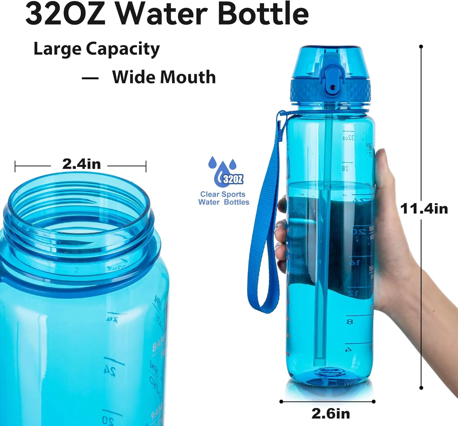 GOPPUS Clear Water Bottle With Straw 32oz Clear Sports Water Bottles Motivational with Time Marker Tritan BPA Free Clea Plastic Water Bottle Wide Mouth for Gym Travel Home School Office