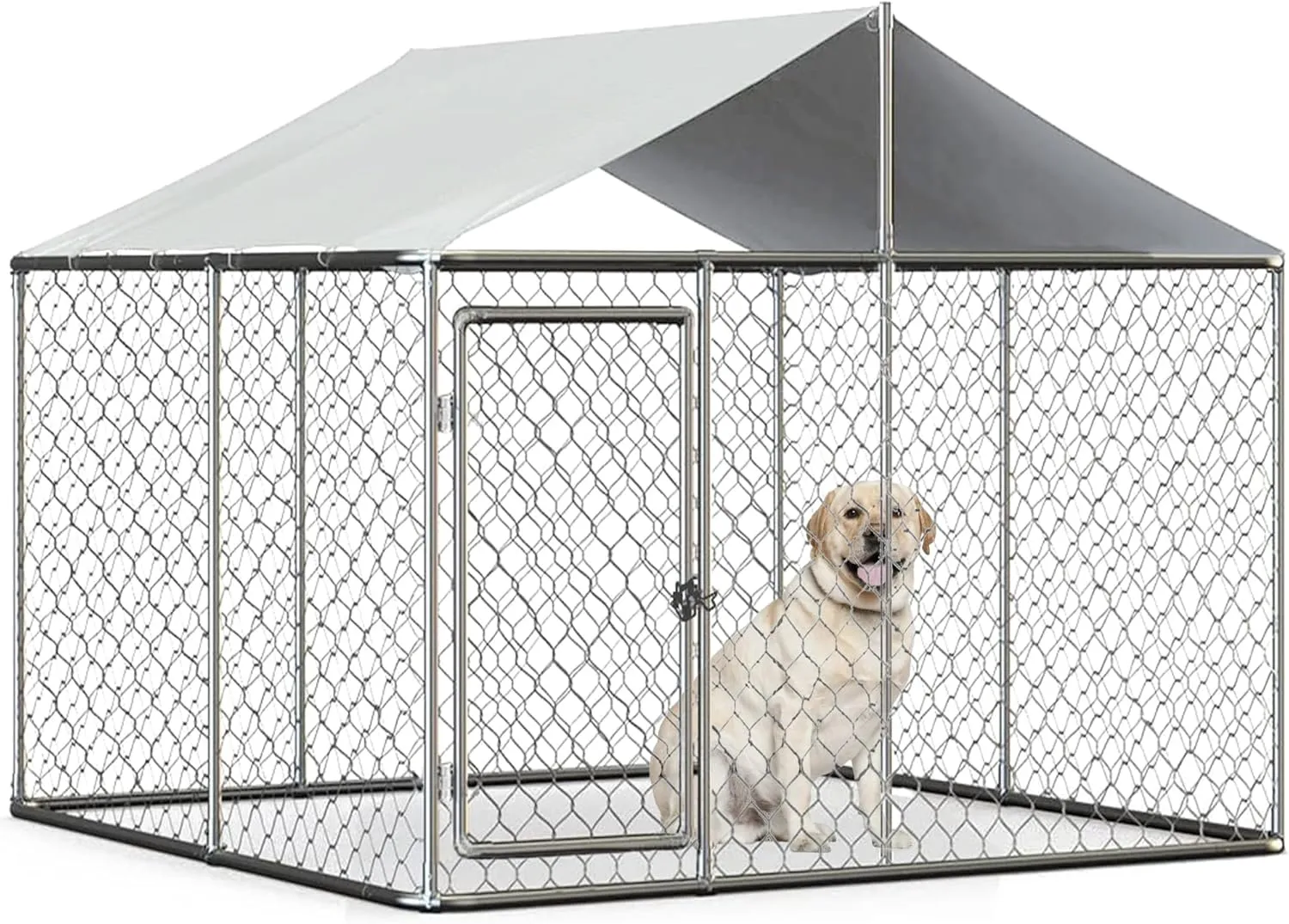 Heavy Duty Dog Cage Outdoor Dog Kennels Outside Pet Playpen for Dogs Outdoor Dog House with Water-Resistant Cover for Back or Front Yard (Silver, 90"x90"x63")