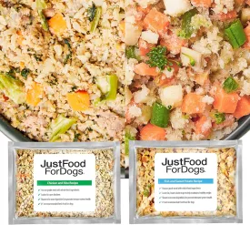 JustFoodForDogs Puppy Frozen Fresh Dog Food Variety Pack, Complete Meal or Dog Food Topper, Fish & Chicken Human Grade Dog Food Recipes, 18oz (Pack of 7)