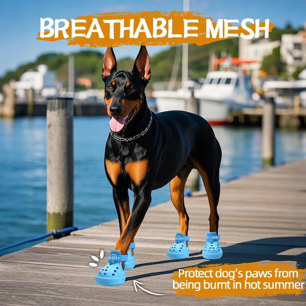 JZXOIVA Dog Shoes for Hot Pavement, Dog Crocs for Large Dogs, Breathable Dog Boots & Paw Protectors, Adjustable Non-Slip Dog Rain Booties, Waterproof Pets Sandals for Beach Blue Size 10